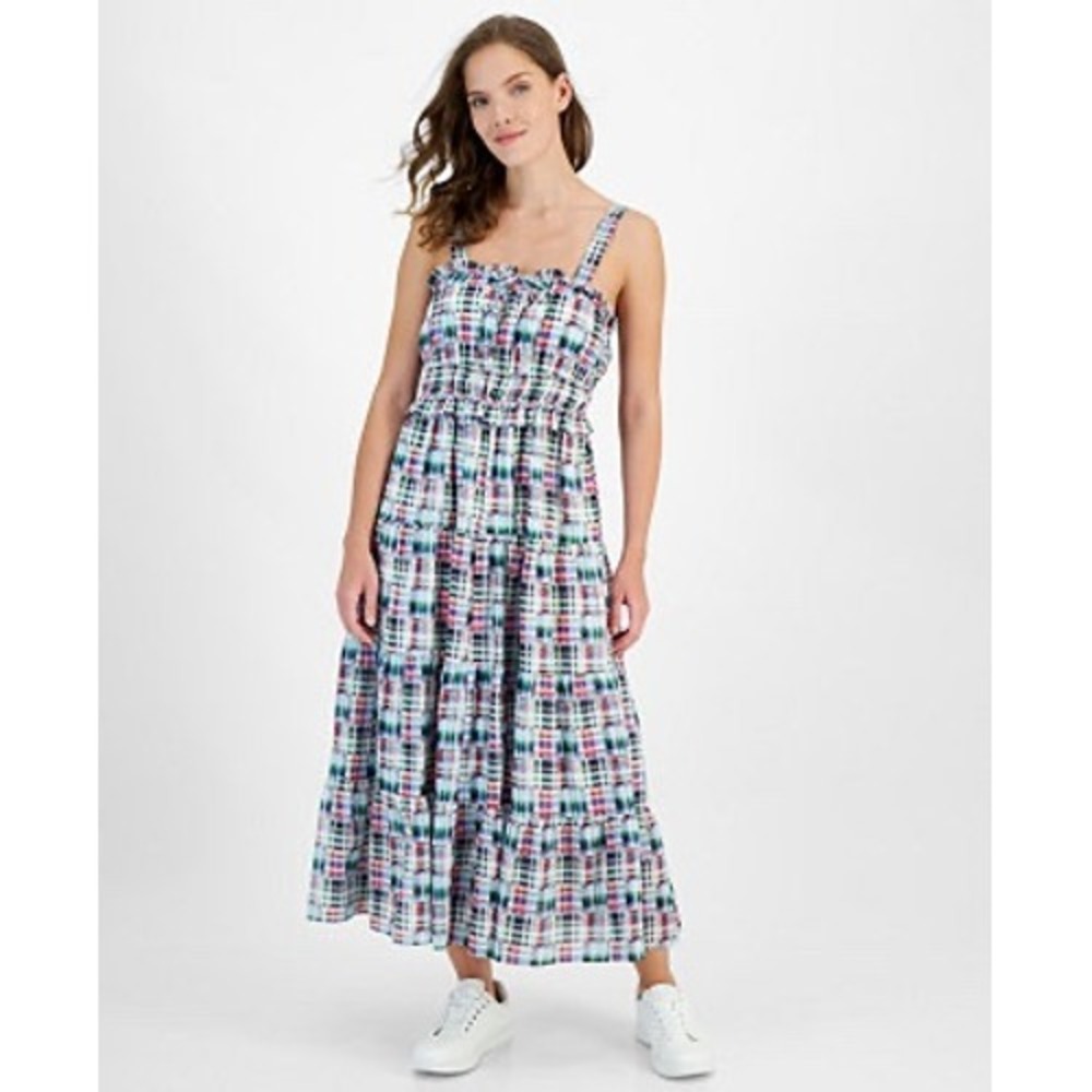 Nautica Womens Multicolor Plaid Smocked Waist Tiered‎ Sleeveless Maxi Dress L